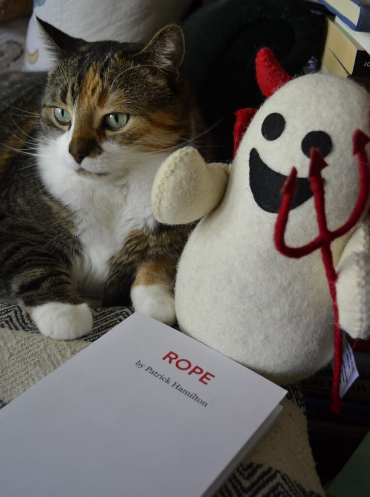 A calico tabby sits beside a toy ghost happily wearing a devil costume. The script for Rope is beside them.