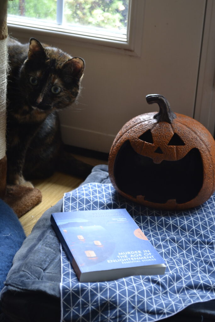 A curious tortie play with a smiling jack-o-lantern on a blue cloth with a white geometric pattern.