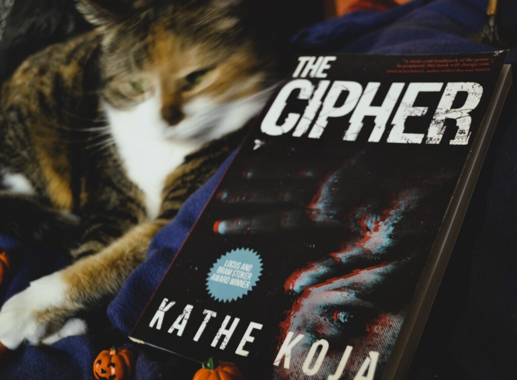 The Cipher by Kathe Koja is lying on a blue blanket. Beside it, a calico tabby is out of focus and blurred.