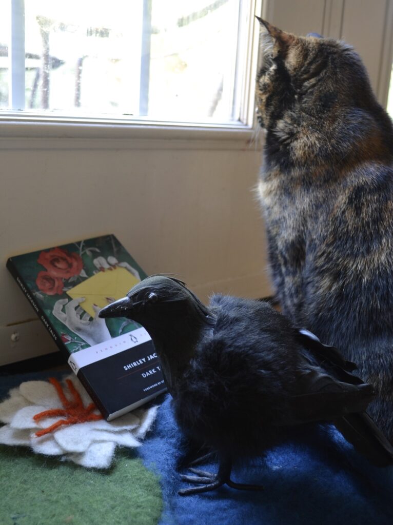 A tortie, a fake crow, and a book are gathered near a window.