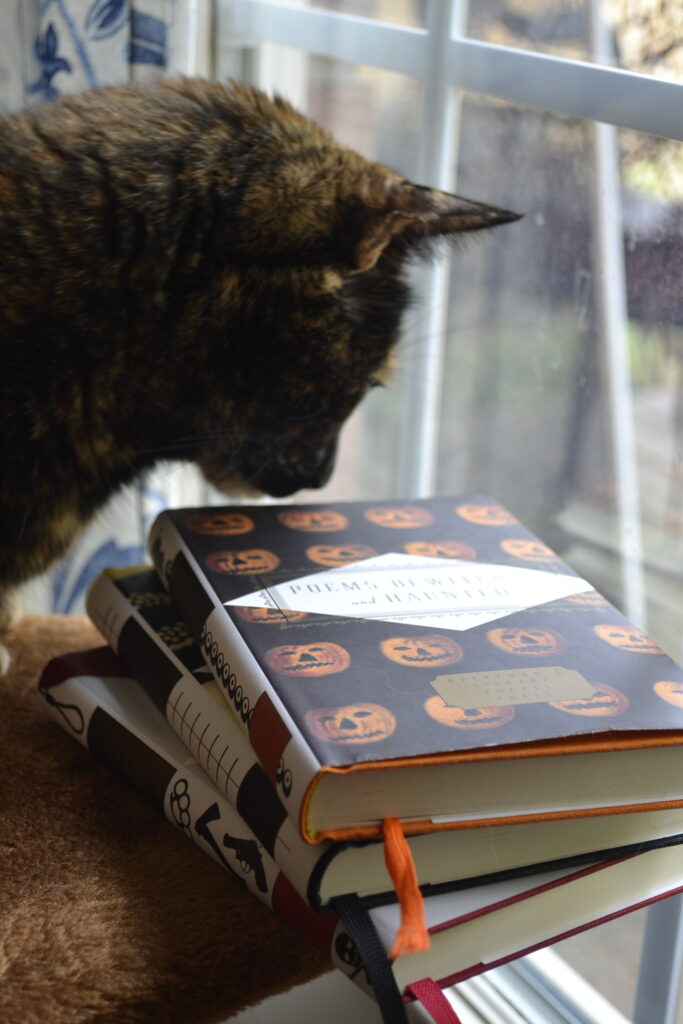 A tortoiseshell cat sniffs a stack of three books beside a window. The top book is Poems Bewitched and Haunted, with its jack-o-lantern-dappled cover.