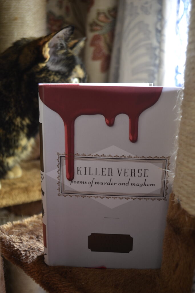 Killer Verse: Poems of Murder and Mayhem is a book of spooky poetry. It's cover is white and grey, with an image of thick red blood dripping down the front.