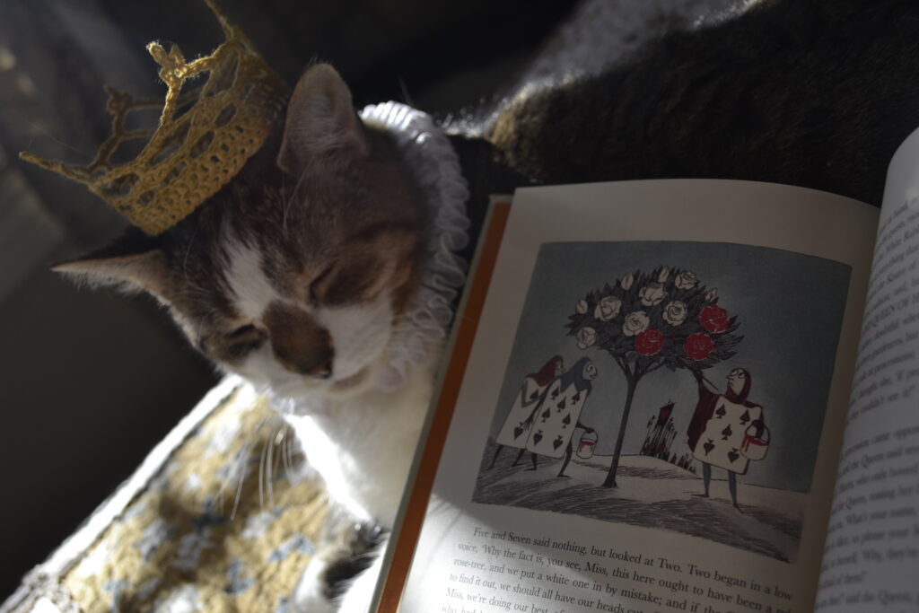 A stately cat wears a crown and ruffled collar. The book beside her shows a picture of three cards painting white roses red.