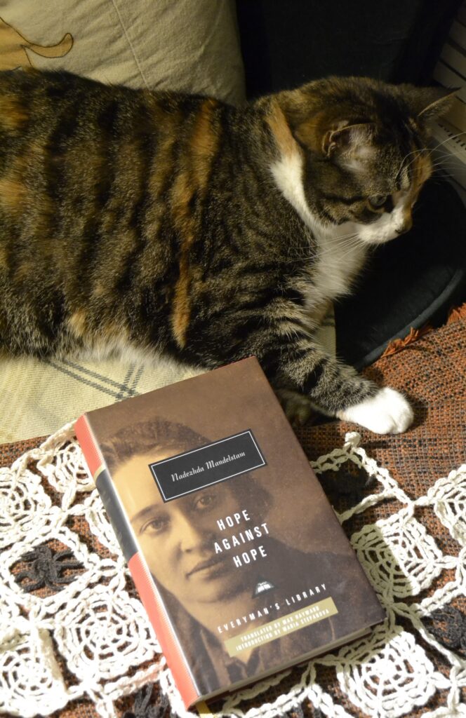 A calico tabby lies beside a book and a cobweb doily. The book is the Eveyrman's Library edition of Hope Against Hope.