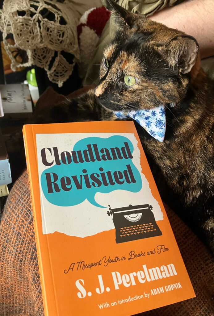 A tortie in a blue snowflake bowtie sits beside Cloudland Revisited by S J Perelman.