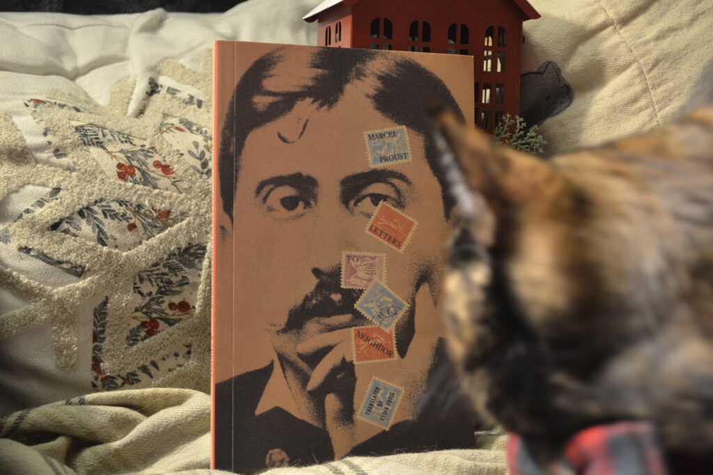 Marcel Proust's Letters to his Neighbour has a cover with a picture of Proust on it and the title and author written on scattered postage stamps.