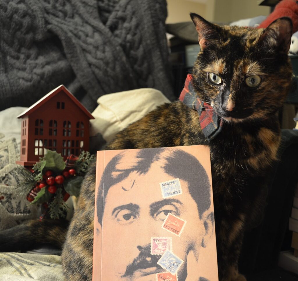 A tortie cat wearing a dapper bow on its collar looks down at a book about Marcel Proust.