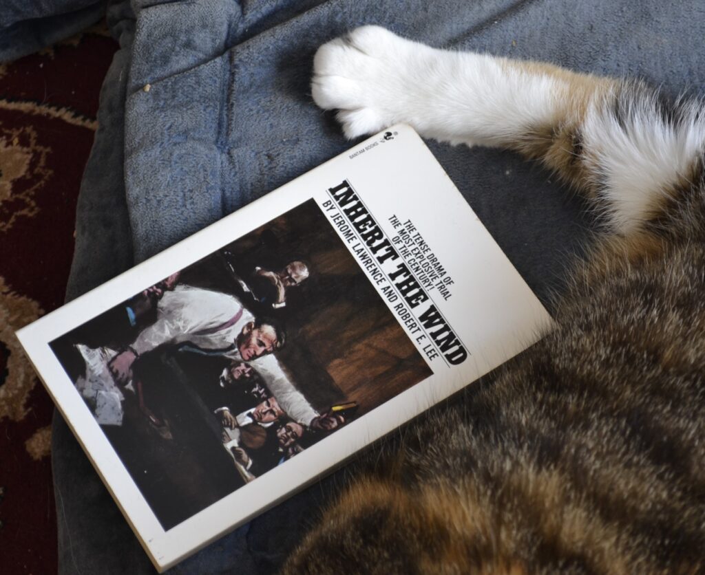 Inherit the Wind is a paperback book with a white cover and black font. The title is in bold serif, and below is a painting of a courtroom.