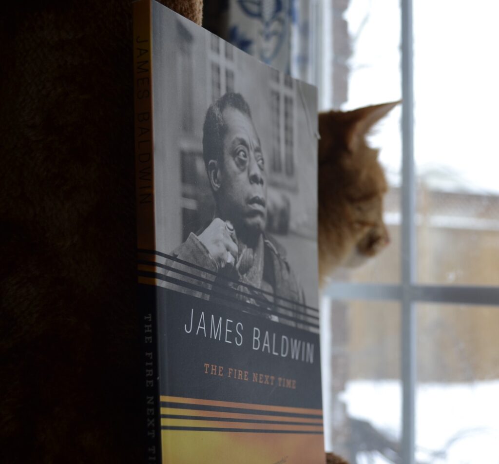 An orange tabby cat looks out a window at the snow. The Fire Next Time is a book that sits beside the cat.