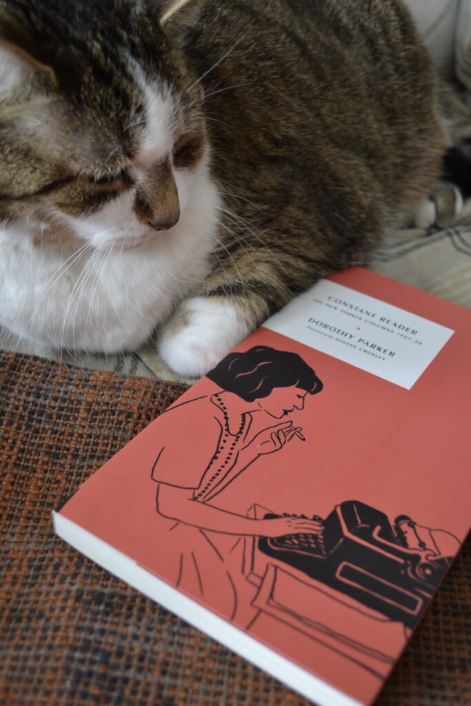 A tabby cat leans against a red paperback book.