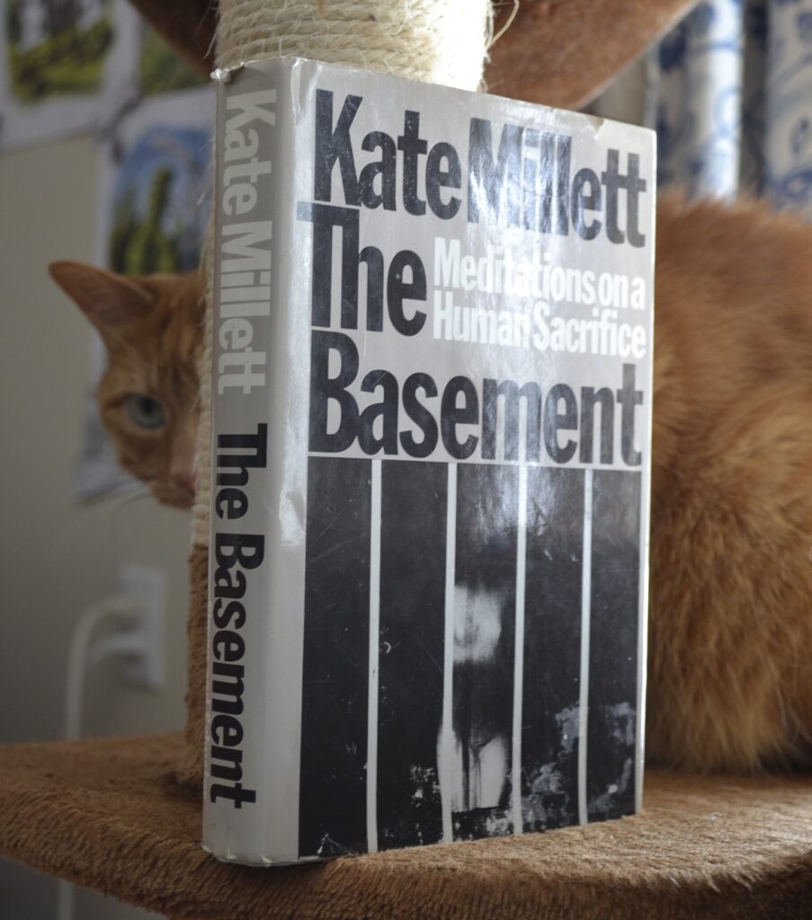 A grey hardcover book with a picture of a woman behind bars on the cover sits on a cat tree with an orange tabby cat.