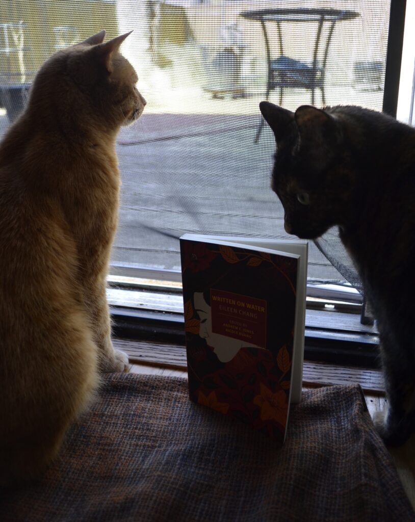 A tortie and an orange cat frame a book with a red and orange cover and a pale woman's face silhouetted on it. The book is Written on Water.
