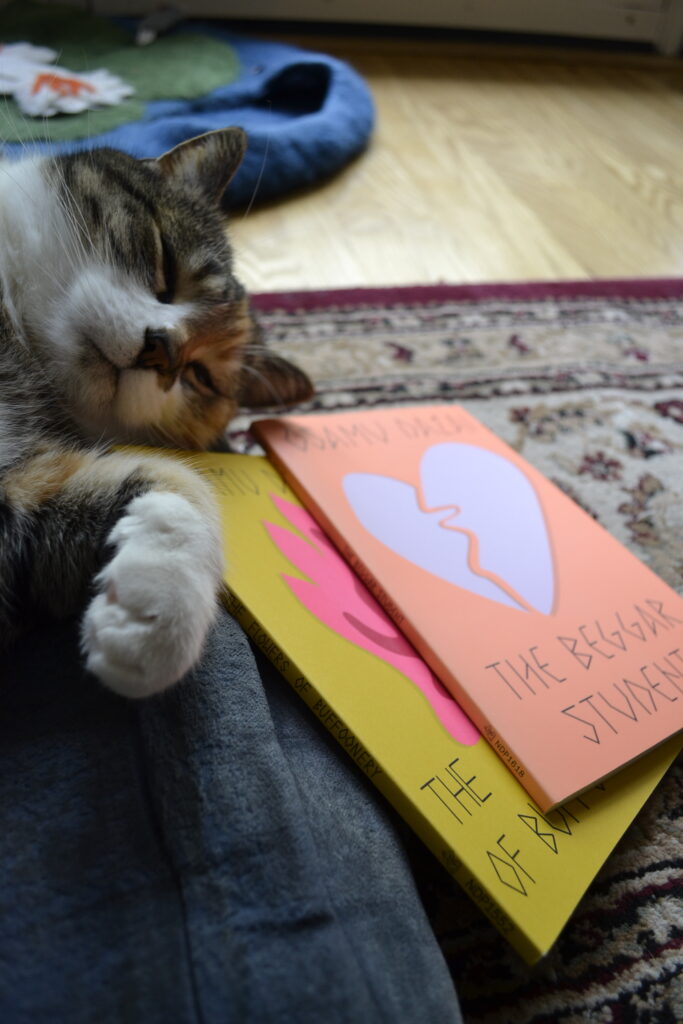 A calico cat sleep contentedly with her head on two thin paperback books.