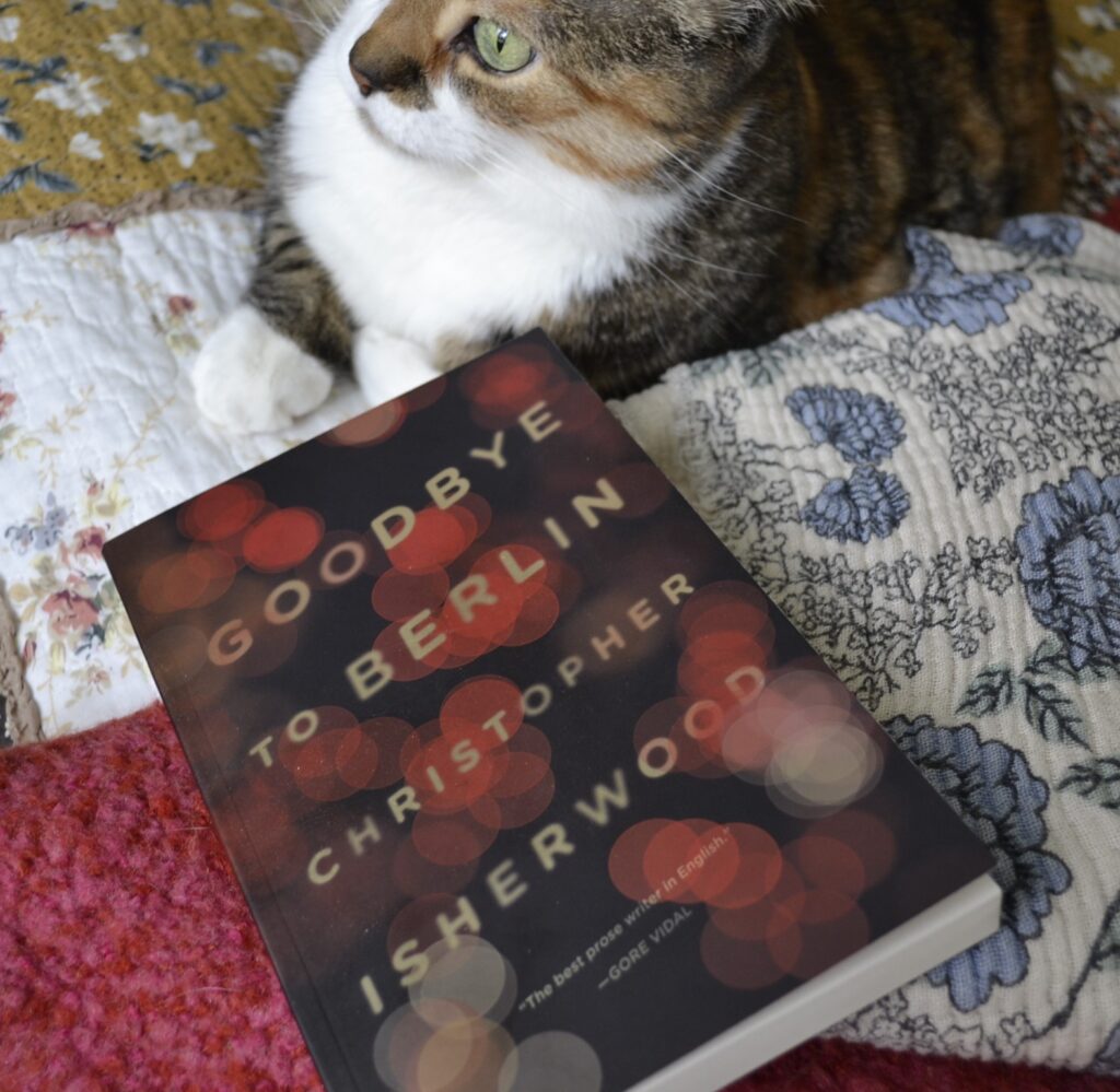 Goodbye to Berlin by Christopher Isherwood is a paperback book with a pattern of unfocused red and yellow lights on the cover.