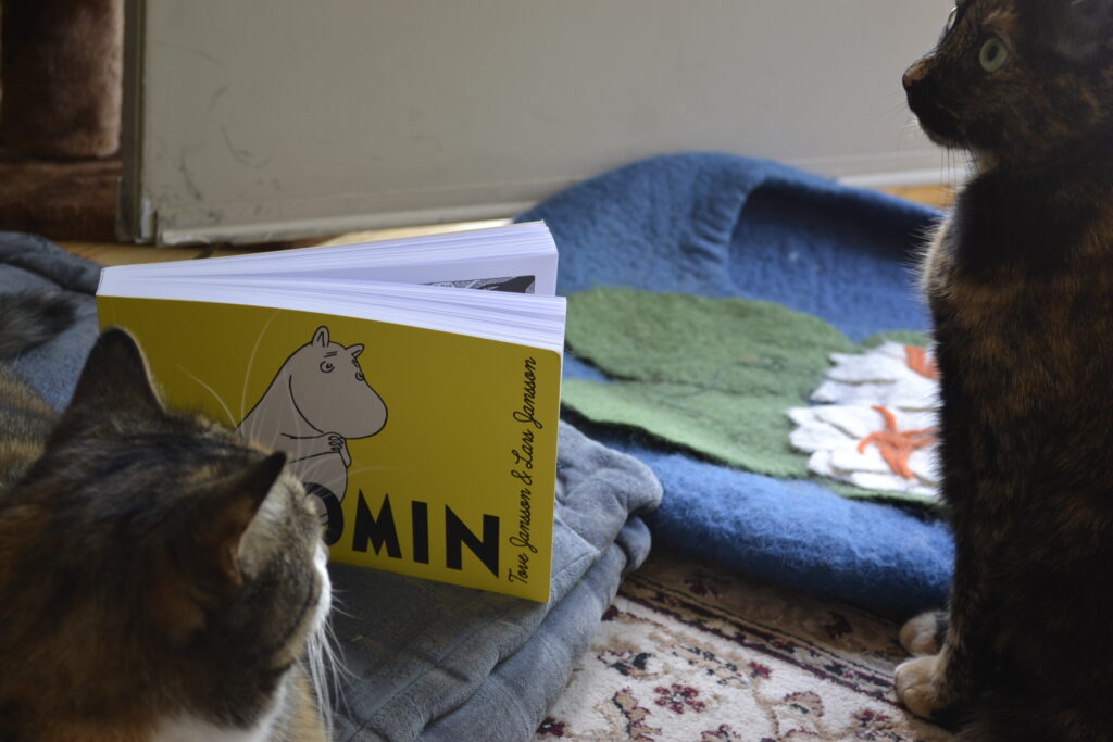 A tortie sits up and looks huffy. A calico tabby lounges. And a copy of Moomin stands in the background.
