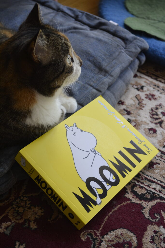 A calico tabby looks upwards. Beside her, a yellow comic book shows a picture of Moomin on the cover, grasping his hands and looking upwards.