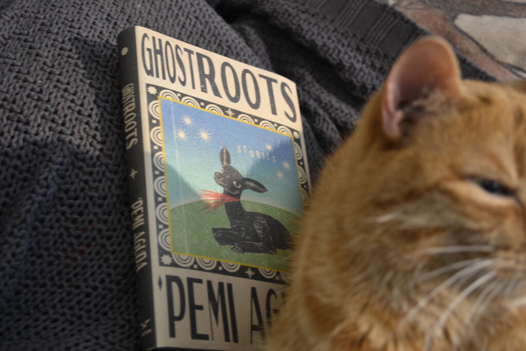 Ghostroots is a hardcover book with a matte cover that features a rustic drawing of a black lamb with a slit throat, framed with a geometric border.