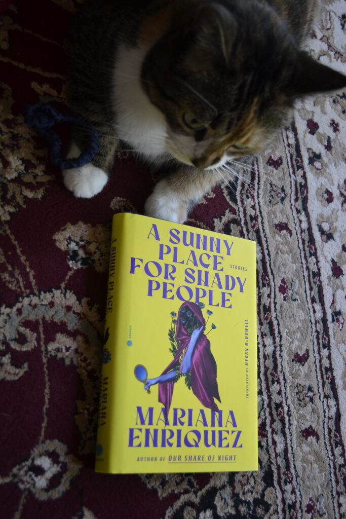 A Sunny Place for Shady People is a hardcover book with a yellow dust jacket that features blue text and a purple cape with blue arms and flowers growing in the empty hood.