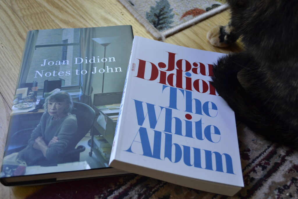 The White Album by Joan Didion is a softcover book with a plain white cover with blue and red text.