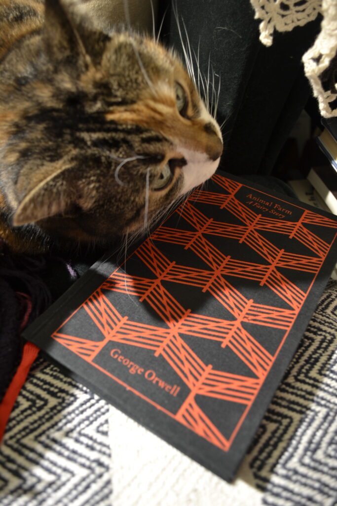 Animal Farm: A Fairy Story by George Orwell is a slim black hardcover, embossed with a repeating pattern of intersecting fences.