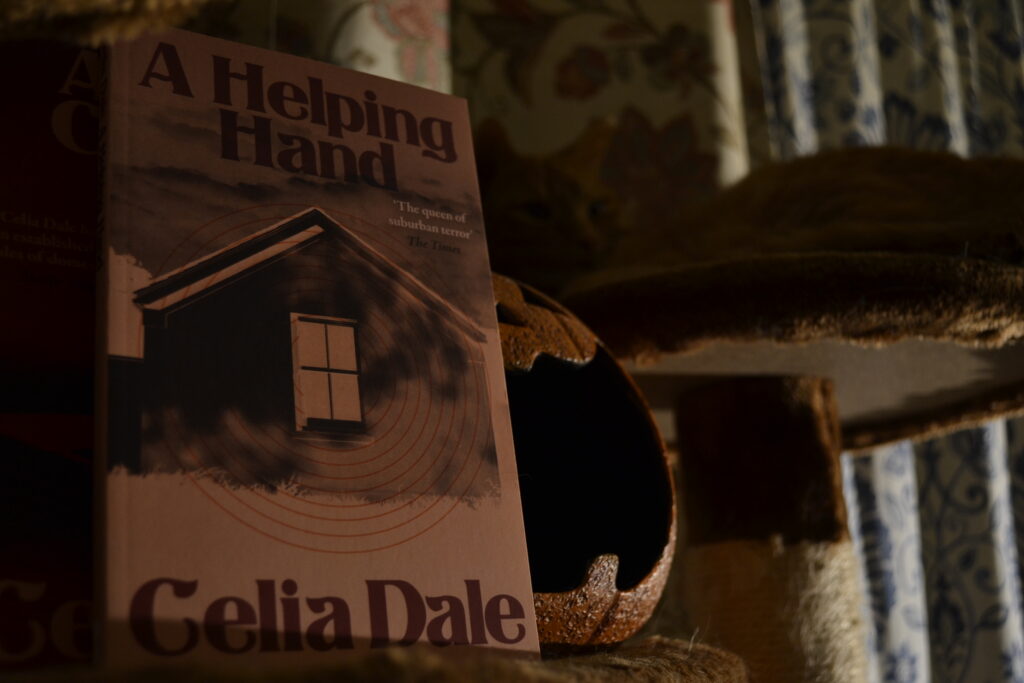 A Helping Hand is a pink book with dark red text. It sits beside a pumpkin decoration and an orange cat.