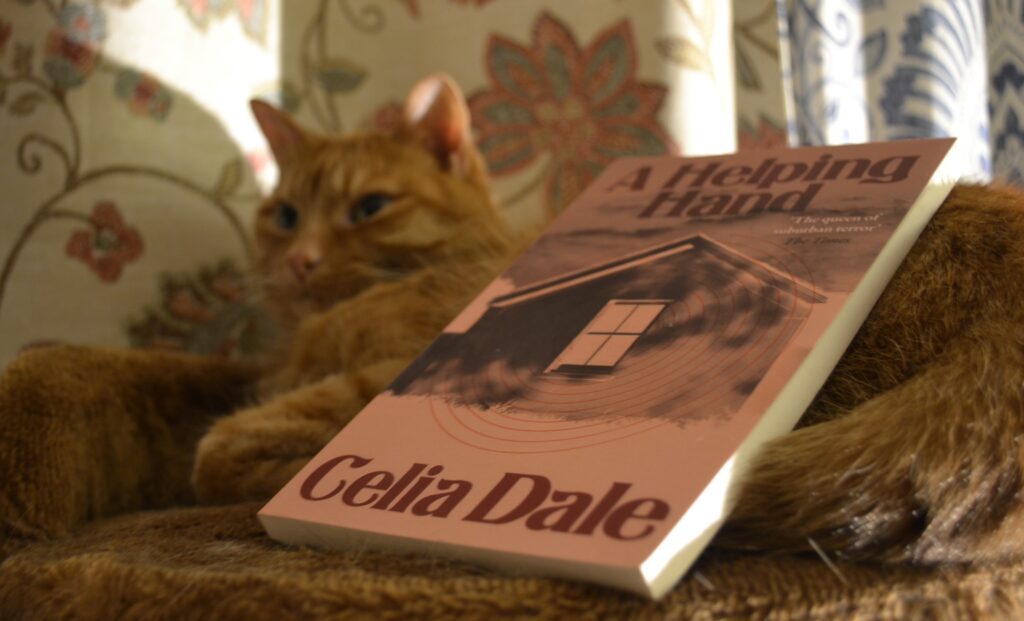 A pink softcover book featuring a house window on the cover lies on the side of an orange tabby cat. The book is A Helping Hand by Celia Dale.