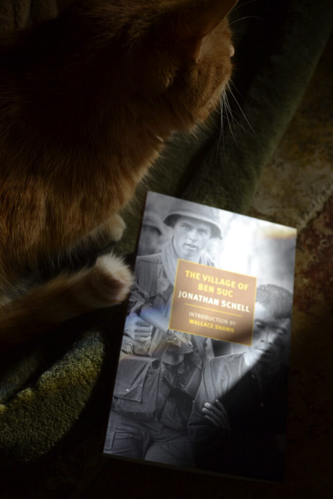 The Village of Ben Suc by Jonathan Schell has a black-and-white photo cover of an American soldier pointing a gun at a Vietnamese civilian.