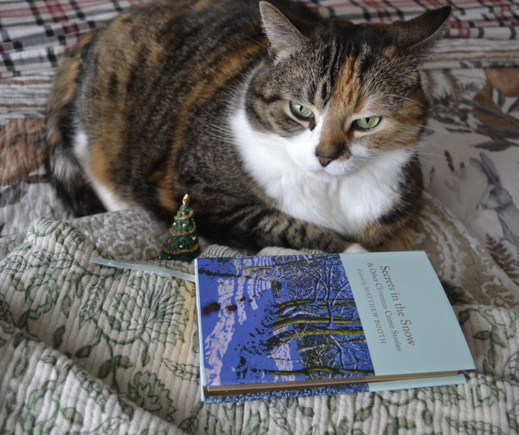 A calico tabby sits beside a miniature tree and a copy of Secrets in the Snow & Other Christmas Crime Stories.
