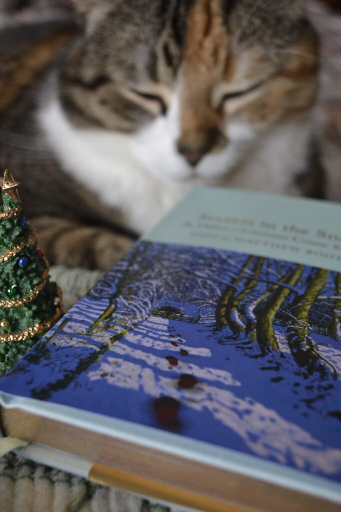 A calico cat sleeps with her eyes closed beside a winter-themed book and a miniature Christmas tree.