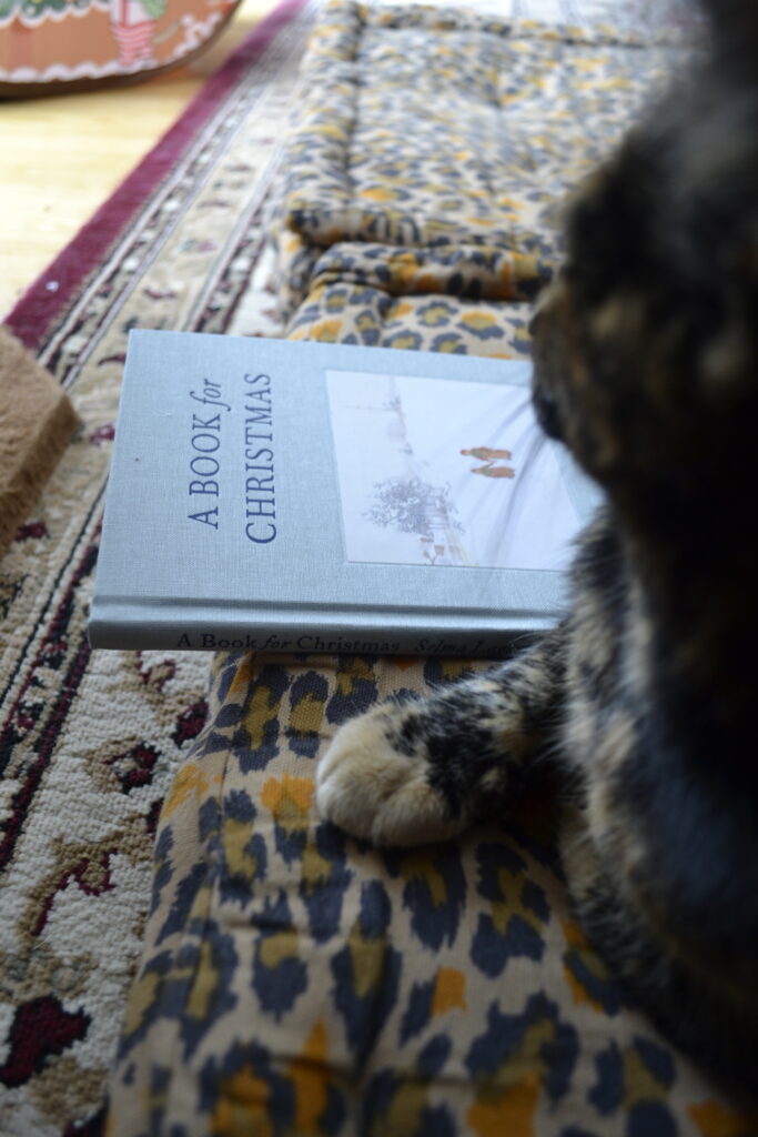 A tortoiseshell cat crosses her paws beside a copy of A Book for Christmas.