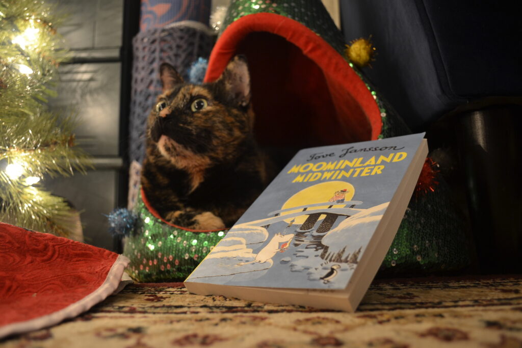 A copy of Moominland Midwinter leans against a Christmas-tree cat bed that a tortoiseshell cat is sitting in.