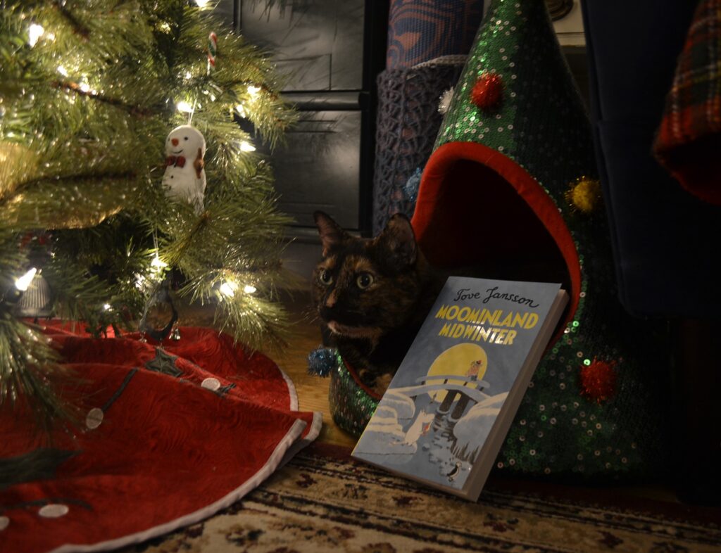 Leaning against a tortie is Moominland Midwinter. The cover features a picture of a snowcovered bridge over an icy river.