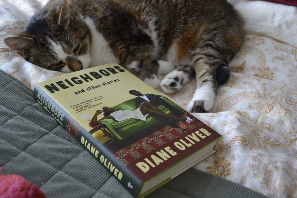 A tabby cat sleeps heavily beside a copy of Neighbors by Diane Oliver.