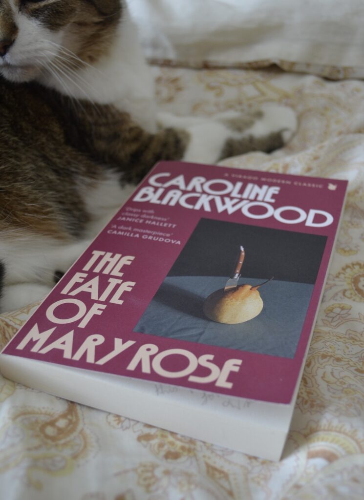 The Fate of Mary Rose by Caroline Blackwood lies on a bed beside a tabby cat.