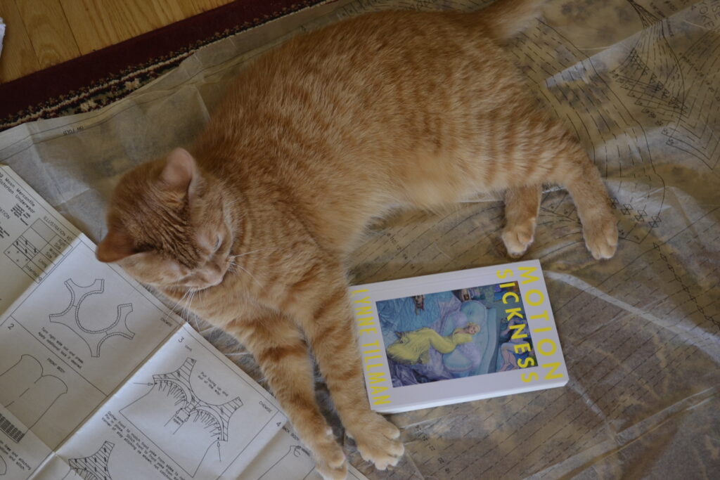 An orange cat lies on a pattern, her paws stretched out around a book. The book features a painting of a blonde woman and neon yellow font.