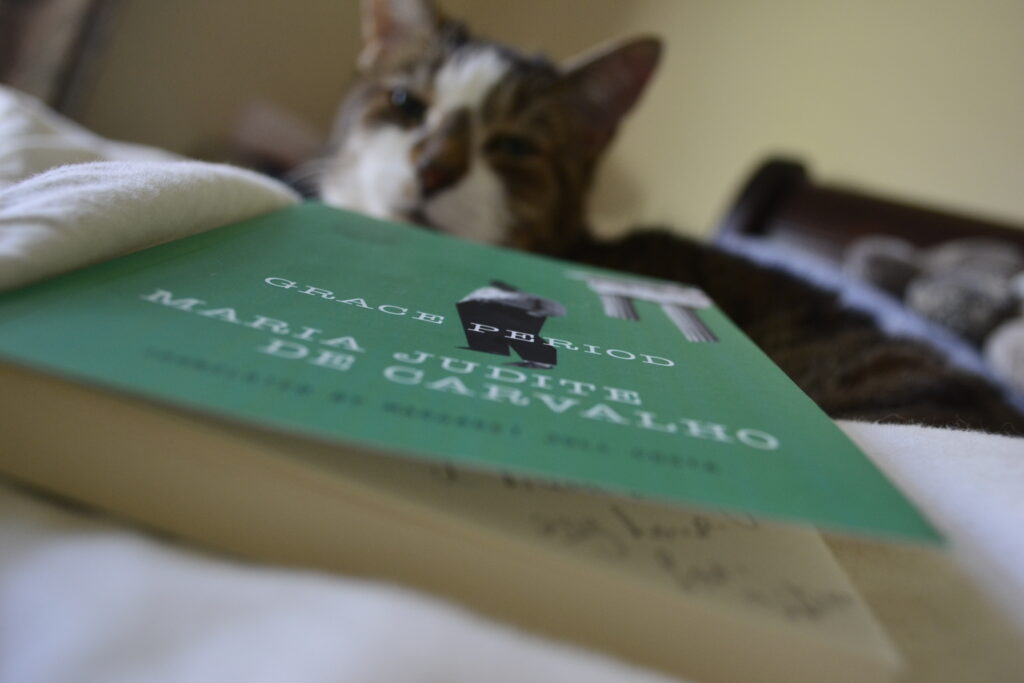 An oblong shot of a green paperback book. The book is slightly open, revealing the edge of a handwritten inscription inside. Behind it is a tabby cat.