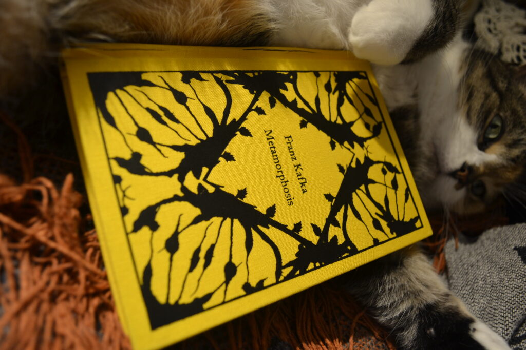 A bright yellow hardcover book of Franz Kafka's Metamorphosis, styled with a black symmetrical inkblot-like pattern on the front. The cloth spine has split a little from reading.