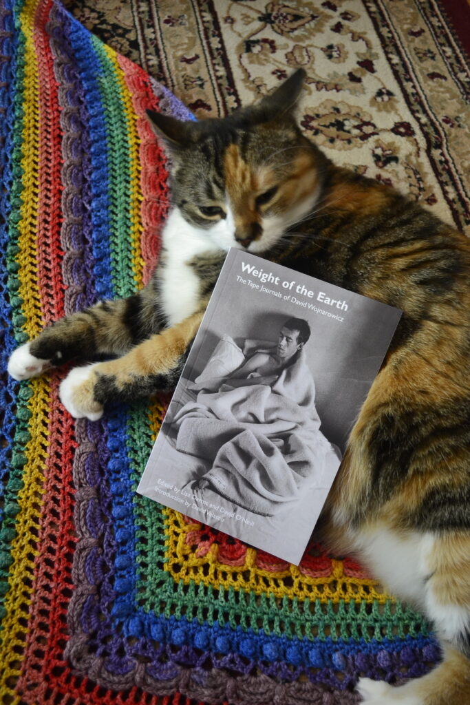 Wojnarowicz's Weight of the Earth is a paperback book with a monochrome picture of the author wrapped in blankets and sitting up on a bed on the cover.