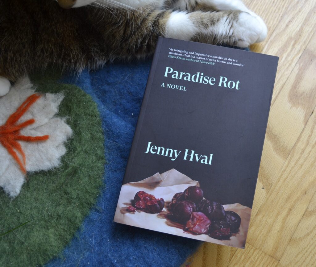 Paradise Rot is a novel by Jenny Hval. The cover is black with an image of dark berries that are crushed and rotting and resting on a paper.