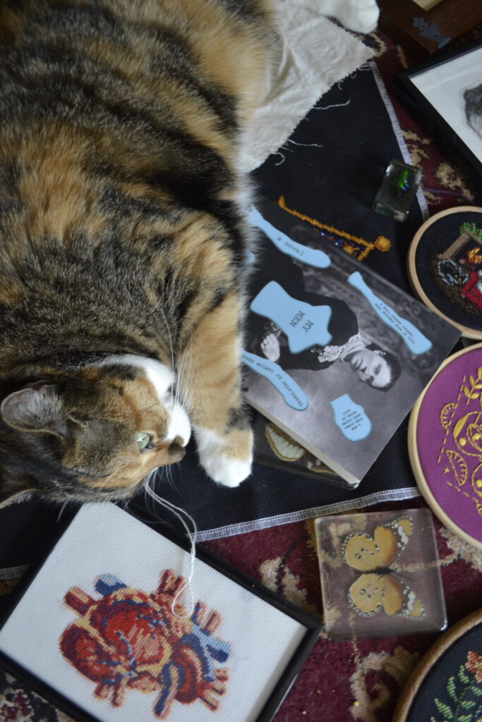 A calico tabby stares blankly forwards as she lies on a copy of My Men and a spread of spooky-themed embroidery projects.
