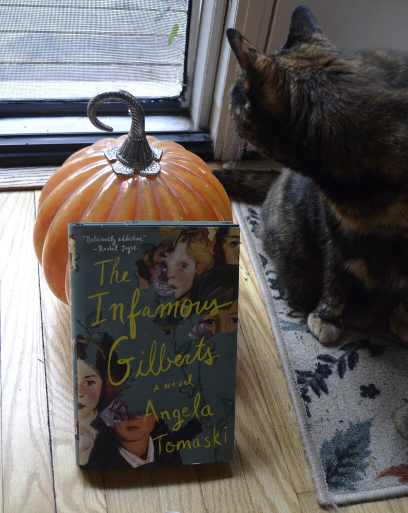 A tortoiseshell cat sits beside an orange glass pumpkin. Beside the pumpkin is a hardcover book.