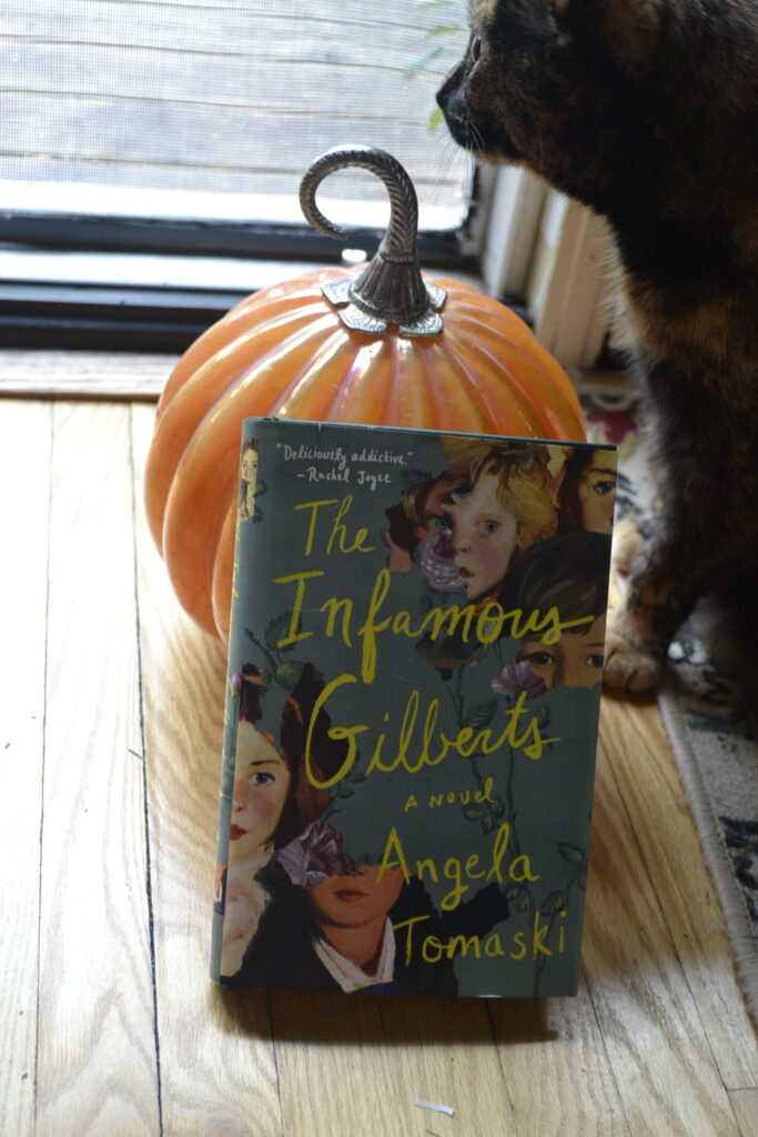 The Infamous Gilberts, a hardcover book, leans against a glass pumpkin with a tortoiseshell cat behind it.