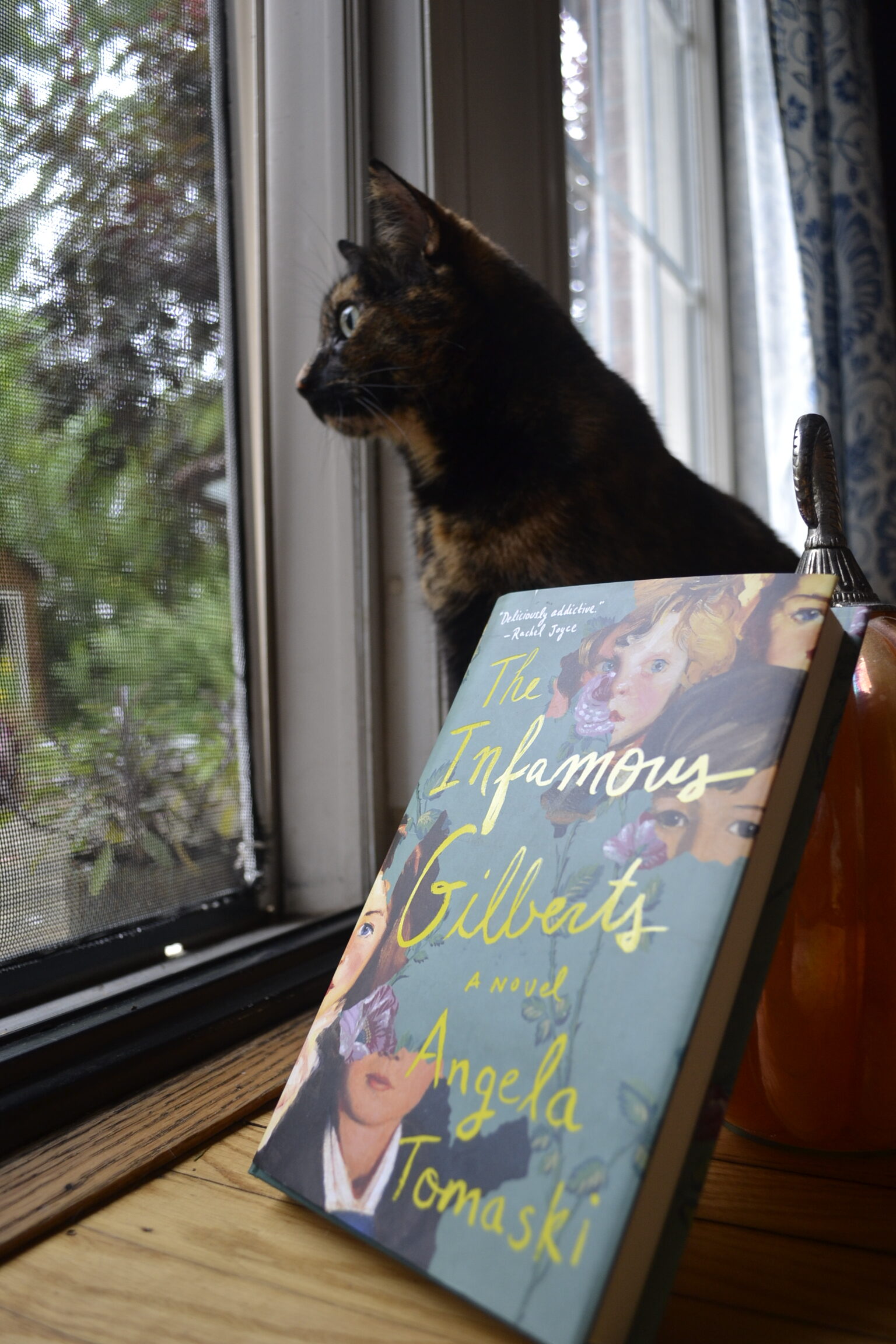 The Infamous Gilberts by Angela Tomaski is a hardcover book with a picture of children on the cover that is obscured by green that looks like it has been painted over the picture and the bright yellow scrawl of the title.