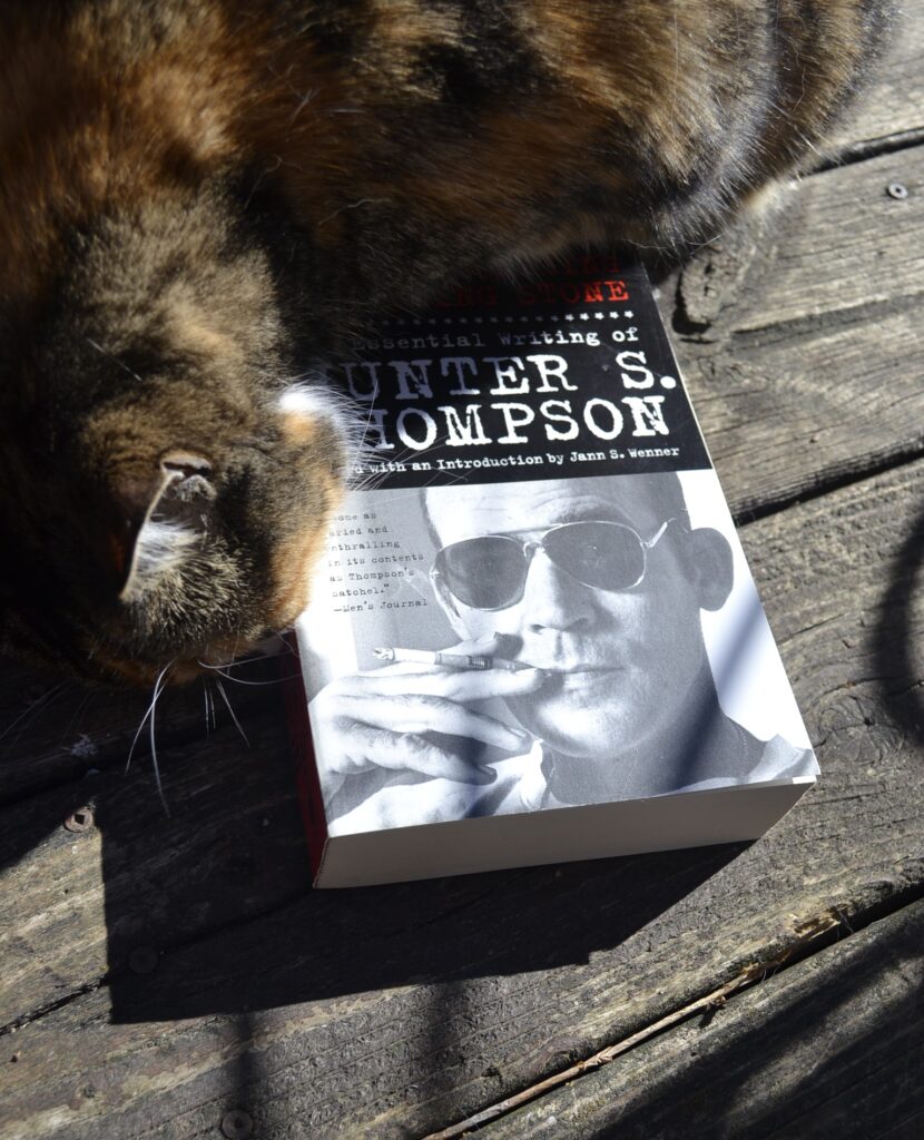 A calico tabby eats a catnip leaf on top of a paperback book by Hunter S Thompson.
