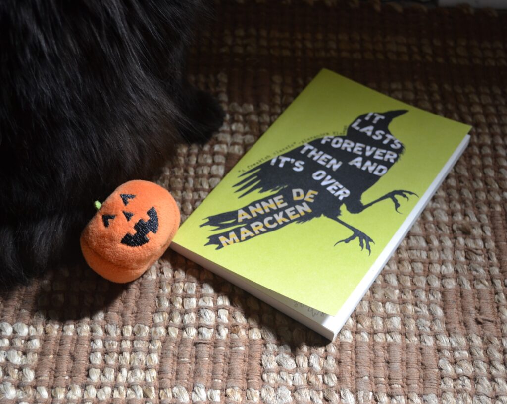 It Lasts Forever and then It's Over by Anne De Marcken is a neon-green soft cover book with the words on the cover fit inside the black silhouette of a crow.