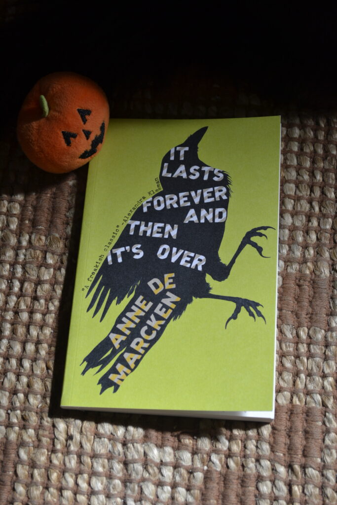 A neon-green softcover books sits in the light beside a toy jack-o-lantern. On the cover, the title and author name are fit inside the silhouette of a crow.